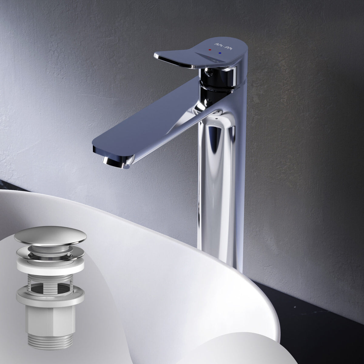 FXA92200 Bad Armatur X-Joy Waschtischarmatur Hoch mit Klick-Ablaufgarnitur Wasserhahn ampm-store.de