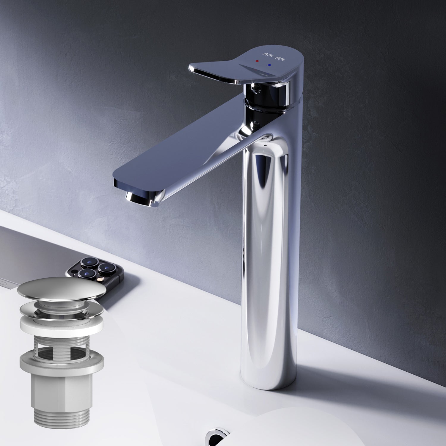 FXA92200 Bad Armatur X-Joy Waschtischarmatur Hoch mit Klick-Ablaufgarnitur Wasserhahn ampm-store.de