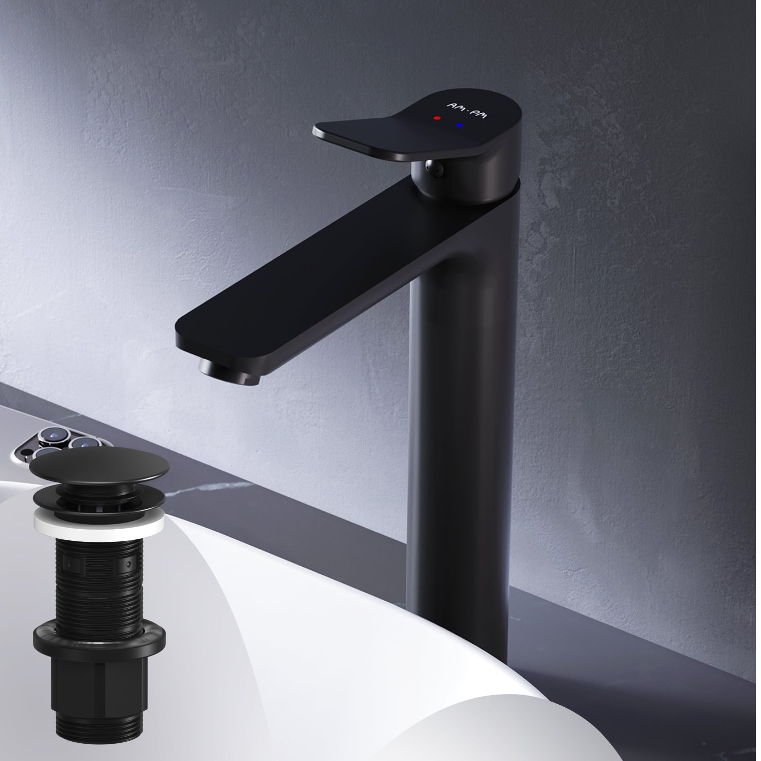 FXA92222 Bad Armatur X-Joy Waschtischarmatur Hoch mit Klick-Ablaufgarnitur Wasserhahn, Schwarz ampm-store.de
