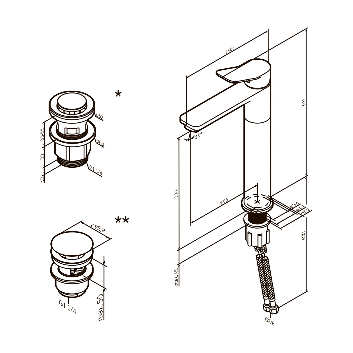 Robinet de lavabo haut X-Joy avec bonde à clic, blanc–FXA92233