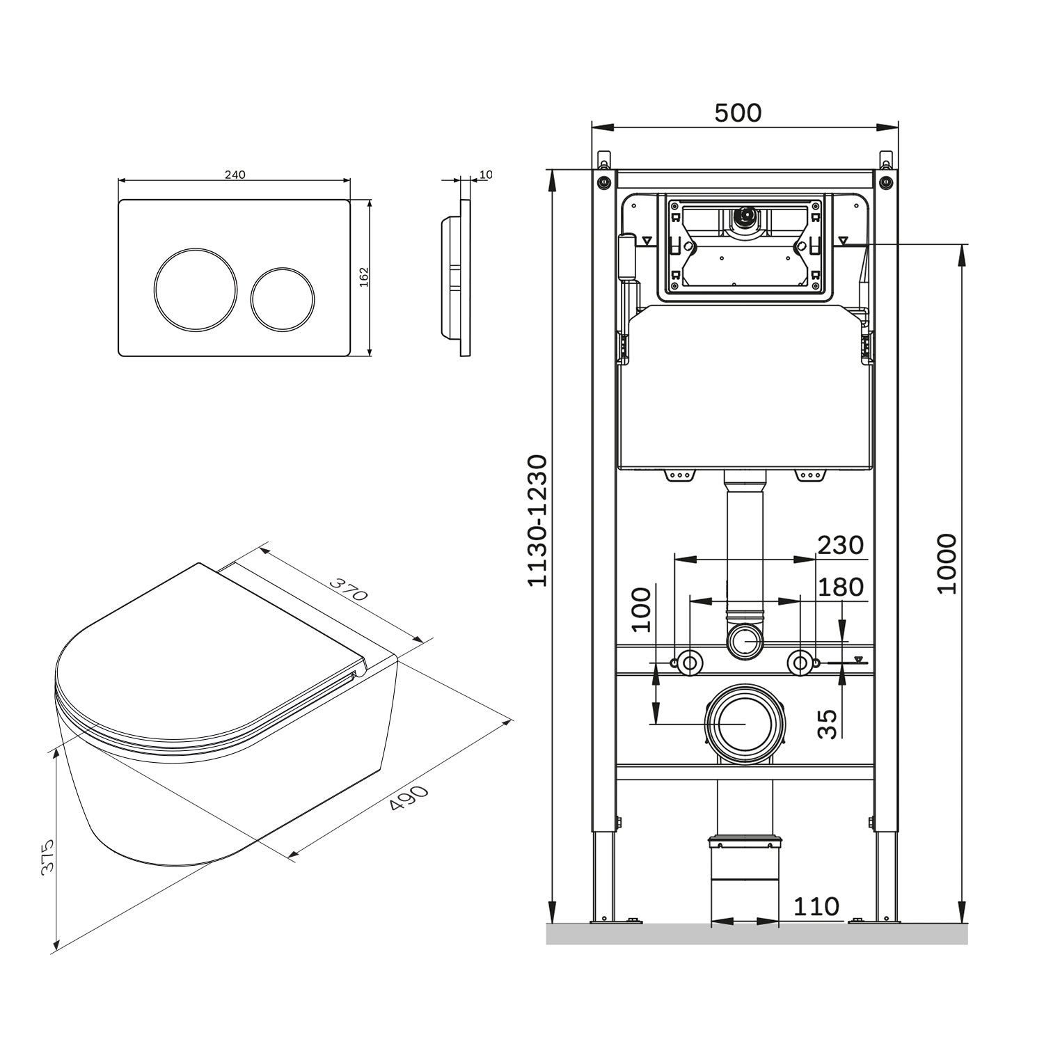 IIS90151.FA1700 Set: Wand-WC + Vorwandelement + Drückerplatte