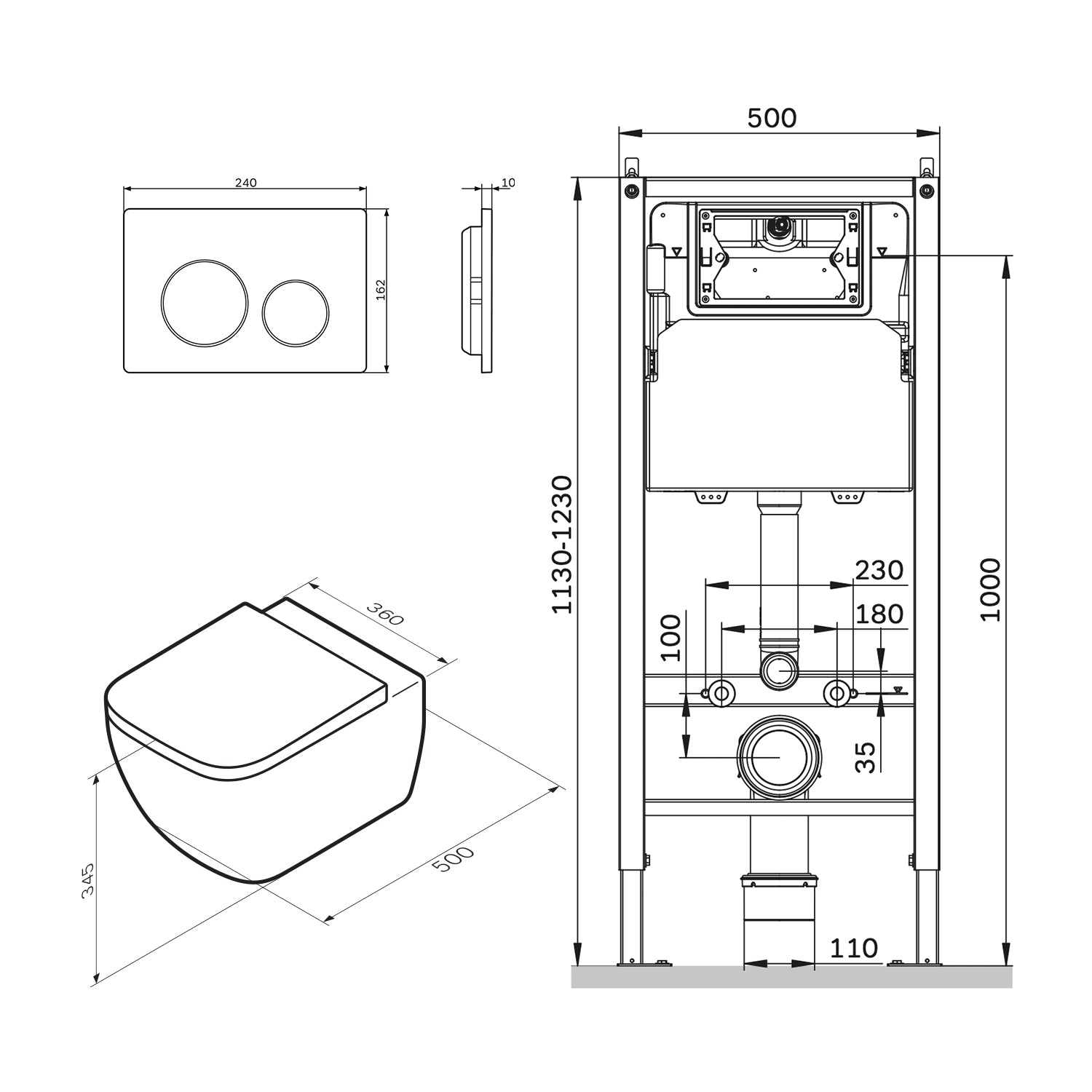 IIS90151.GA1700 Set: Wand-WC + Vorwandelement + Drückerplatte