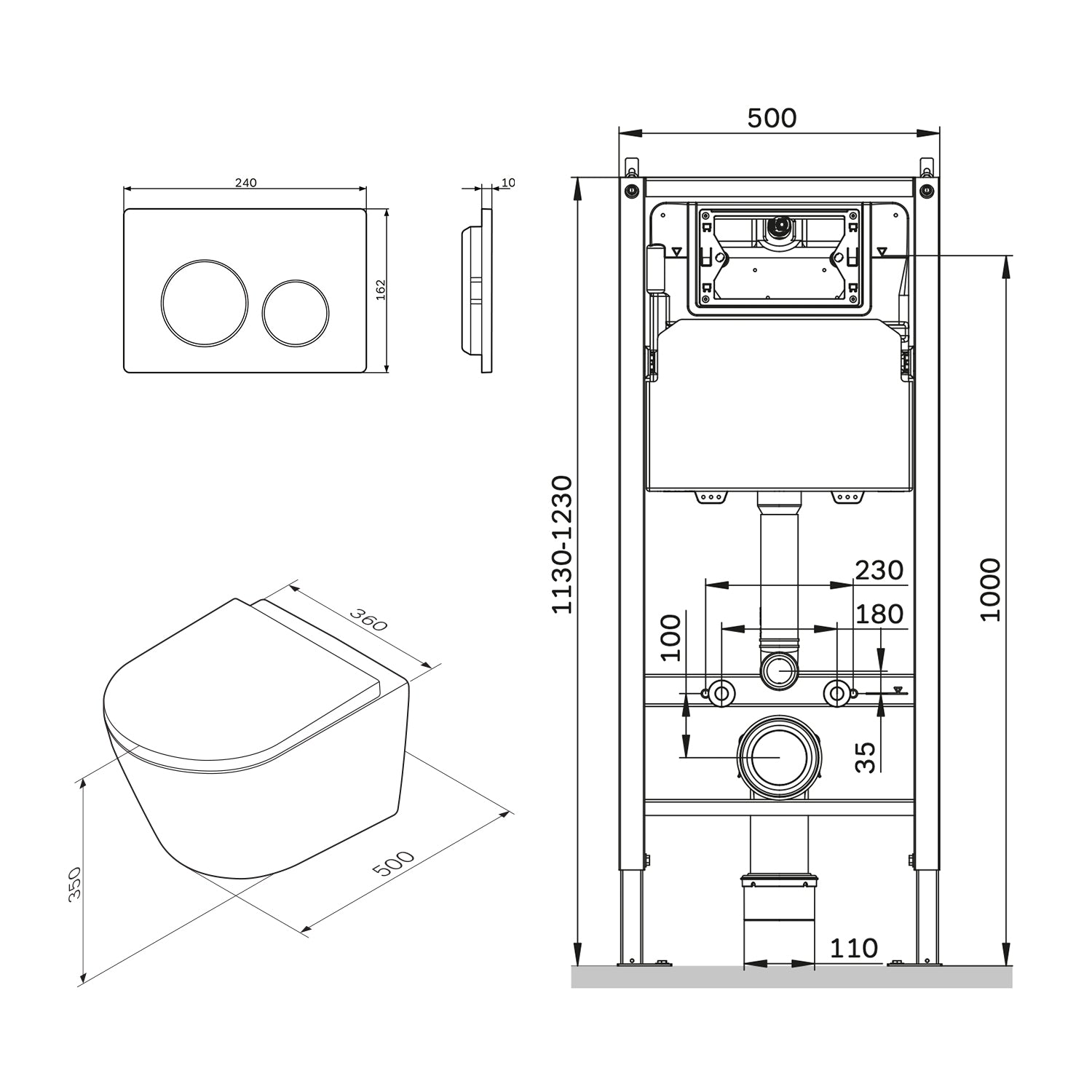 IIS90151.NA1700 Set: Wand-WC + Vorwandelement + Drückerplatte