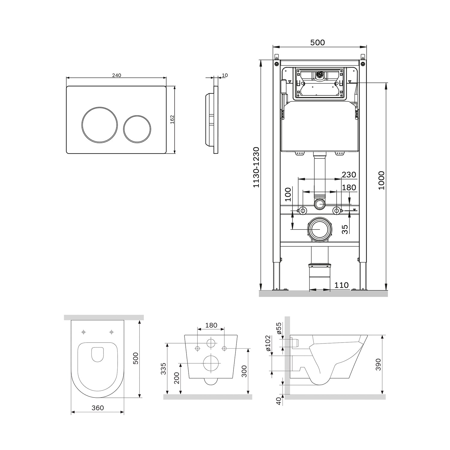 IIS90151.PA1900 Set: Wand-WC + Vorwandelement + Drückerplatte ampm-store.de