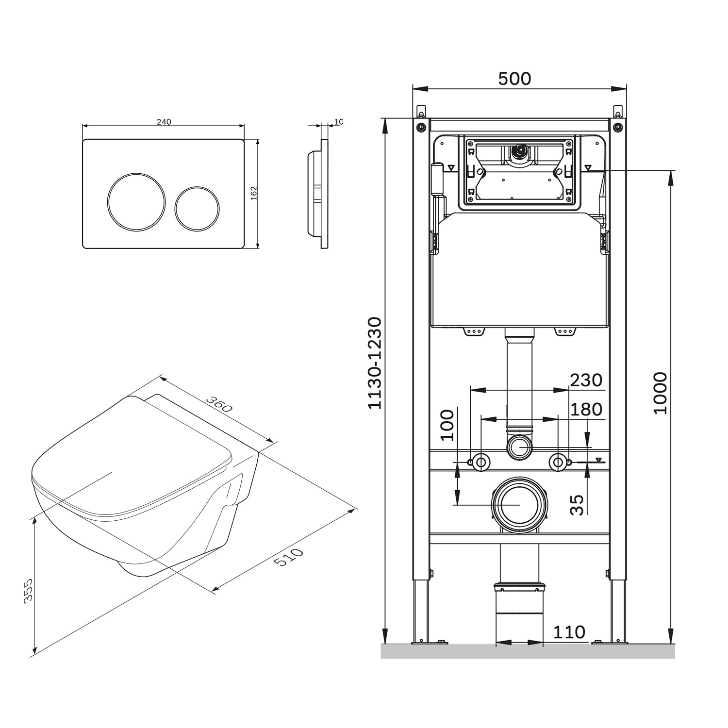 IIS90151.XA1700 Set: Wand-WC + Vorwandelement + Drückerplatte