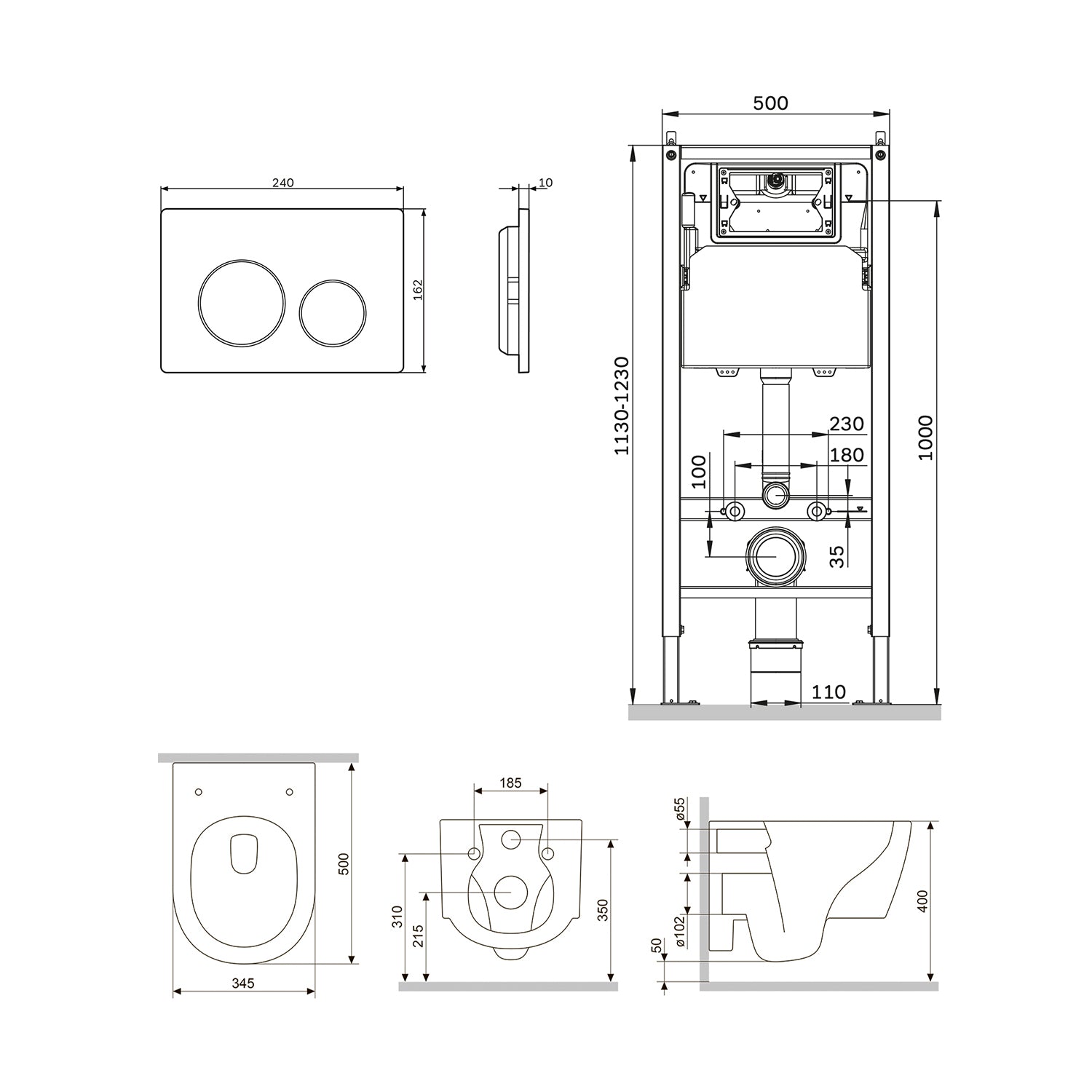 IIS90151.XB1700 Set: Wand-WC + Vorwandelement + Drückerplatte