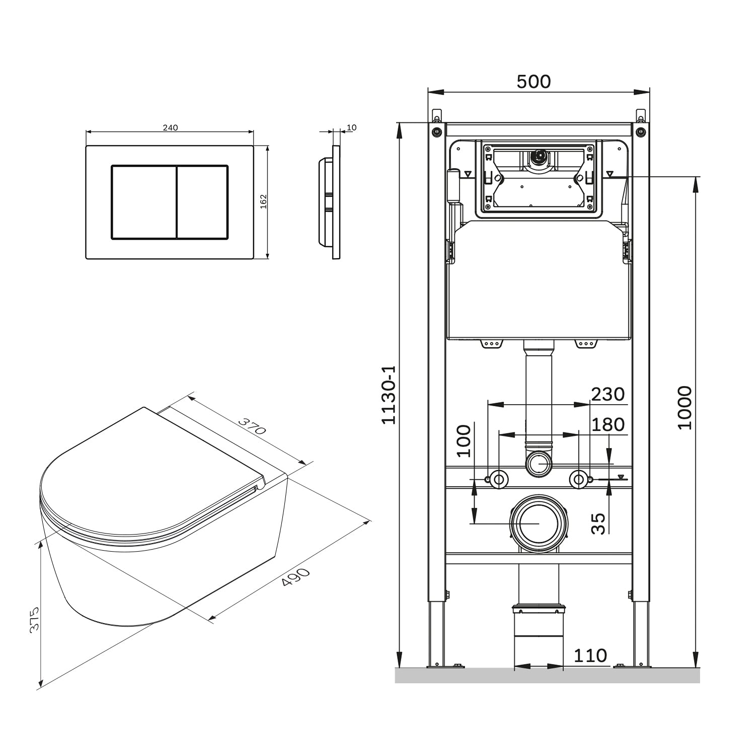 IIS90251.FA1700 Set: Wand-WC + Vorwandelement + Drückerplatte