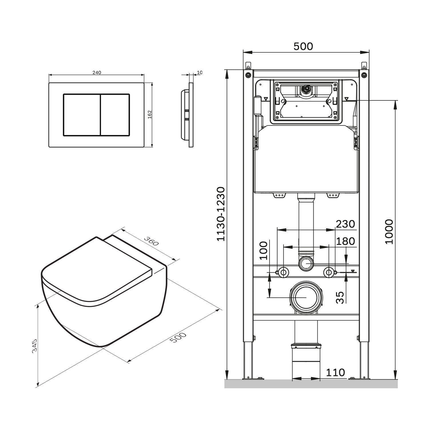 IIS90251.GA1700 Set: Wand-WC + Vorwandelement + Drückerplatte