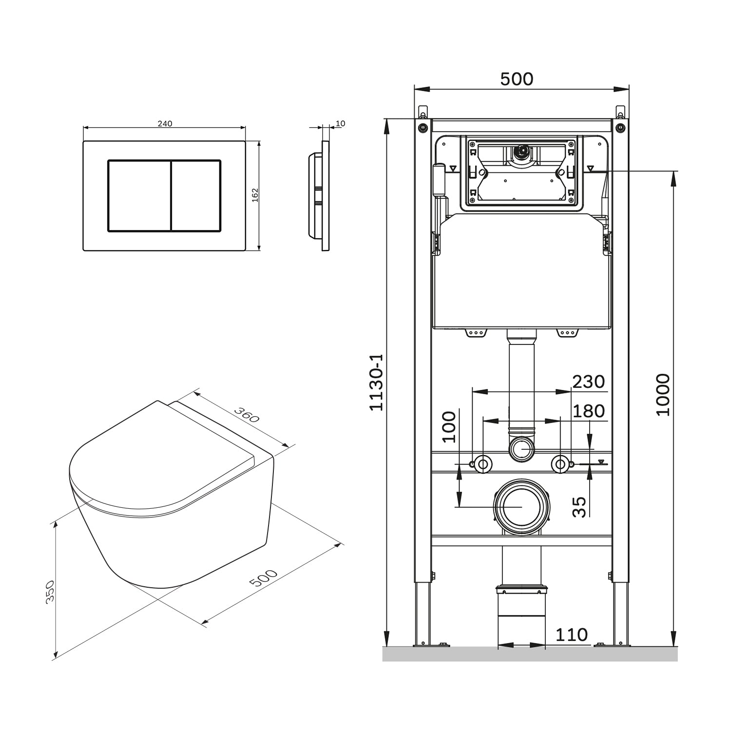 IIS90251.NA1700 Set: Wand-WC + Vorwandelement + Drückerplatte