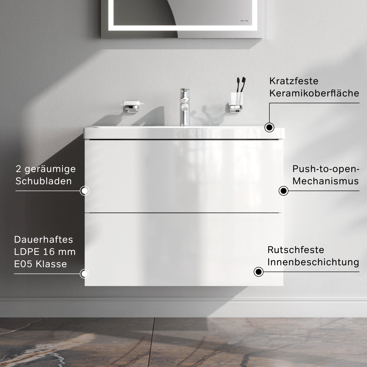 MGA-FHX07522WG-WCC0752WG Waschtischunterschrank mit Becken, 75 cm, 2 Schubladen Gem Badmöbel Waschbecken mit Unterschrank