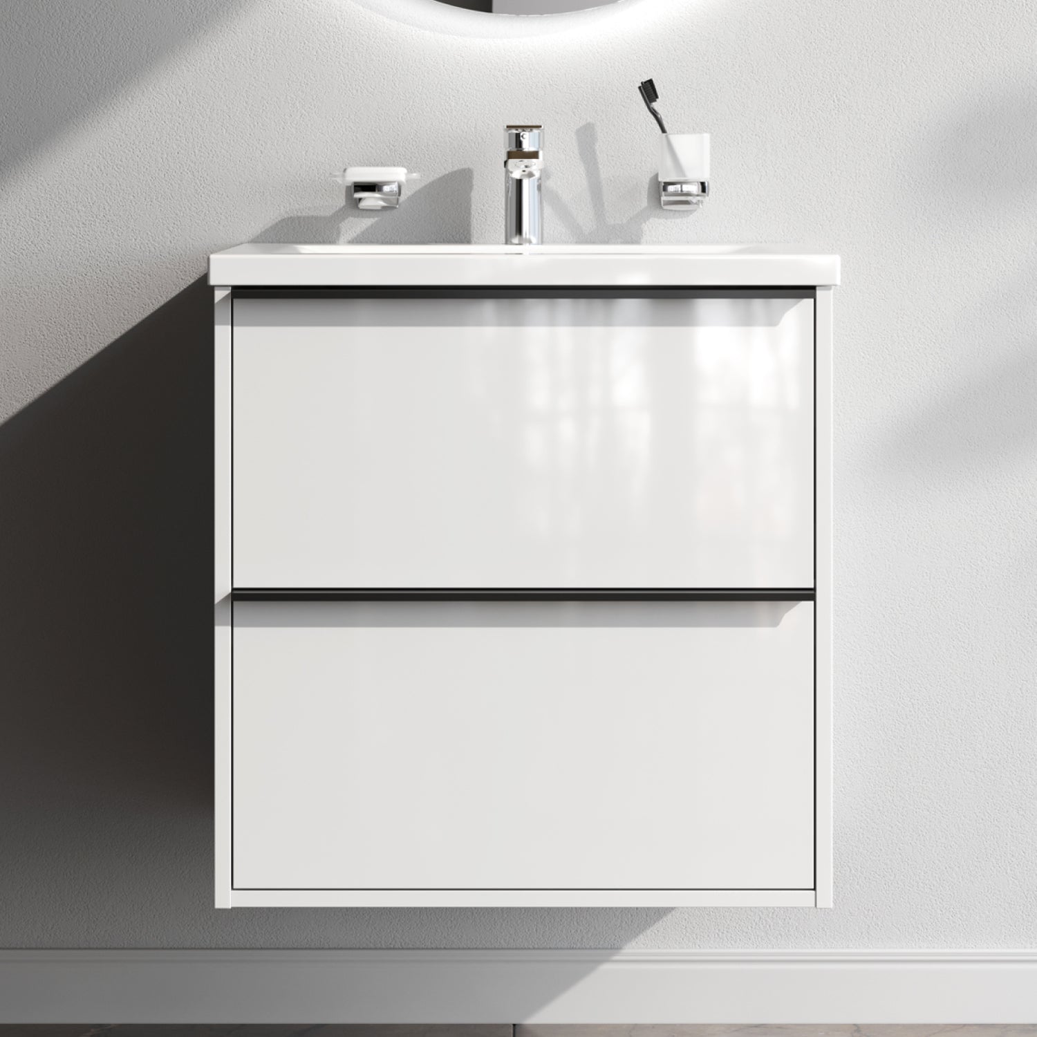 MNA-FHX0602WGSP-WCC0602WG Waschtischunterschrank mit Becken, als Flachpaket geliefert, 60 cm, 2 Schubladen, Weiß glänzend