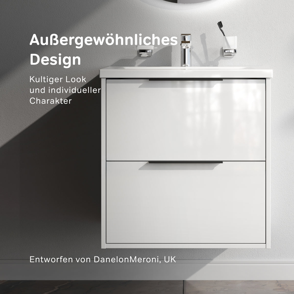 Meuble vasque avec lavabo, 60 cm, livré à plat, 2 tiroirs, blanc brillant–MNA-FHX0602WGSP-WCC0602WG