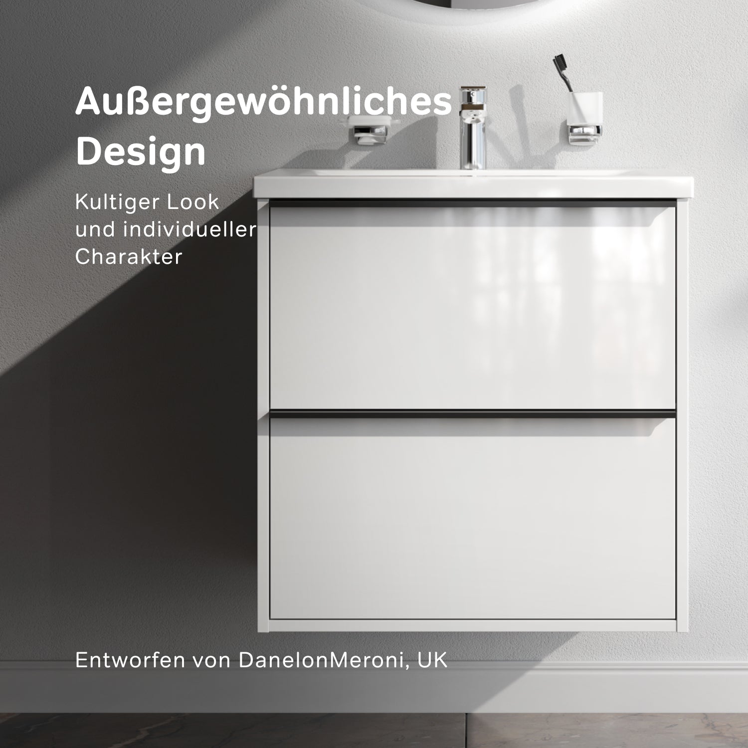 MNA-FHX0602WGSP-WCC0602WG Waschtischunterschrank mit Becken, als Flachpaket geliefert, 60 cm, 2 Schubladen, Weiß glänzend
