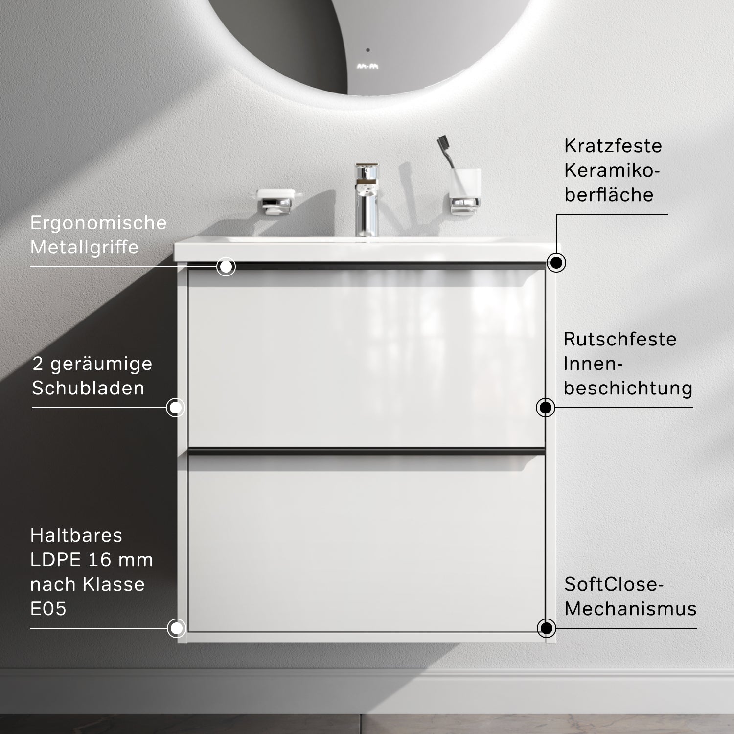 MNA-FHX0602WGSP-WCC0602WG Waschtischunterschrank mit Becken, als Flachpaket geliefert, 60 cm, 2 Schubladen, Weiß glänzend