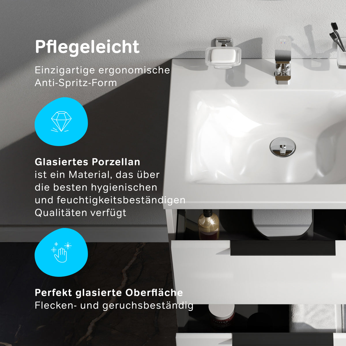 Meuble vasque avec lavabo, 60 cm, livré à plat, 2 tiroirs, blanc brillant–MNA-FHX0602WGSP-WCC0602WG