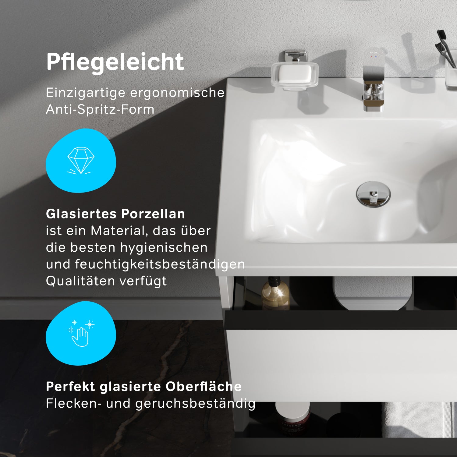 MNA-FHX0602WGSP-WCC0602WG Waschtischunterschrank mit Becken, als Flachpaket geliefert, 60 cm, 2 Schubladen, Weiß glänzend