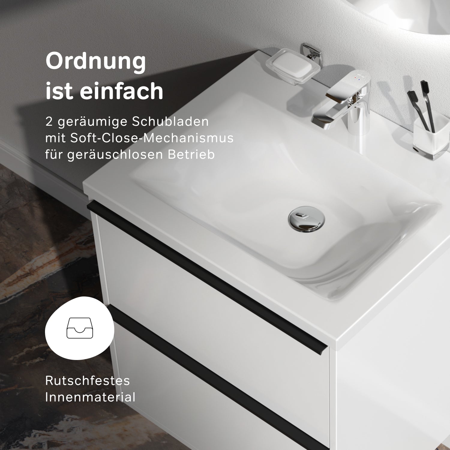 MNA-FHX0602WGSP-WCC0602WG Waschtischunterschrank mit Becken, als Flachpaket geliefert, 60 cm, 2 Schubladen, Weiß glänzend