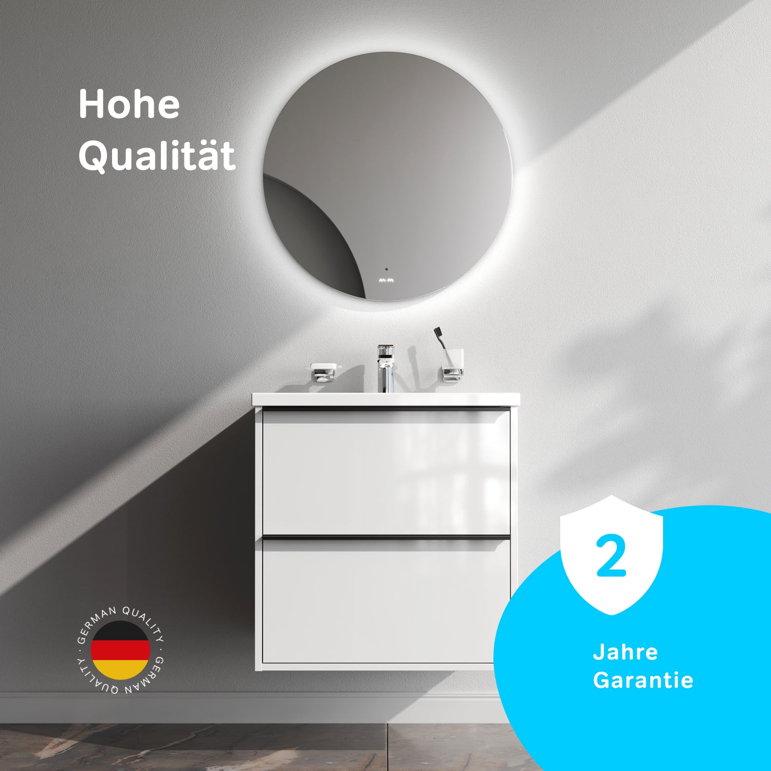 MNA-FHX0602WGSP-WCC0602WG Waschtischunterschrank mit Becken, als Flachpaket geliefert, 60 cm, 2 Schubladen, Weiß glänzend