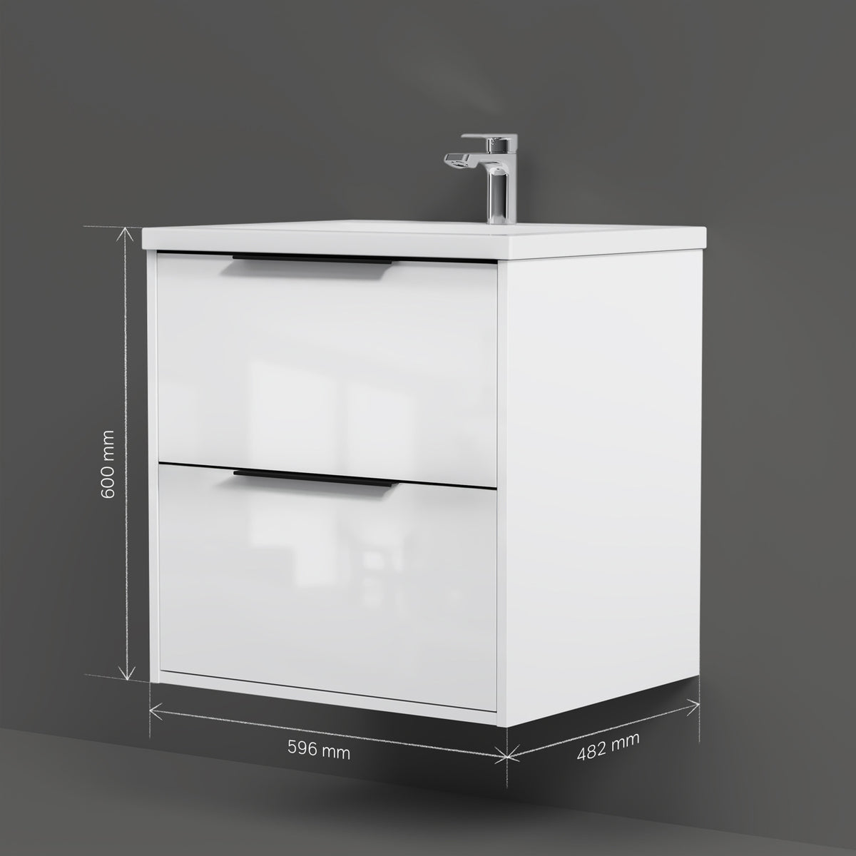 Meuble vasque avec lavabo, 60 cm, livré à plat, 2 tiroirs, blanc brillant–MNA-FHX0602WGSP-WCC0602WG