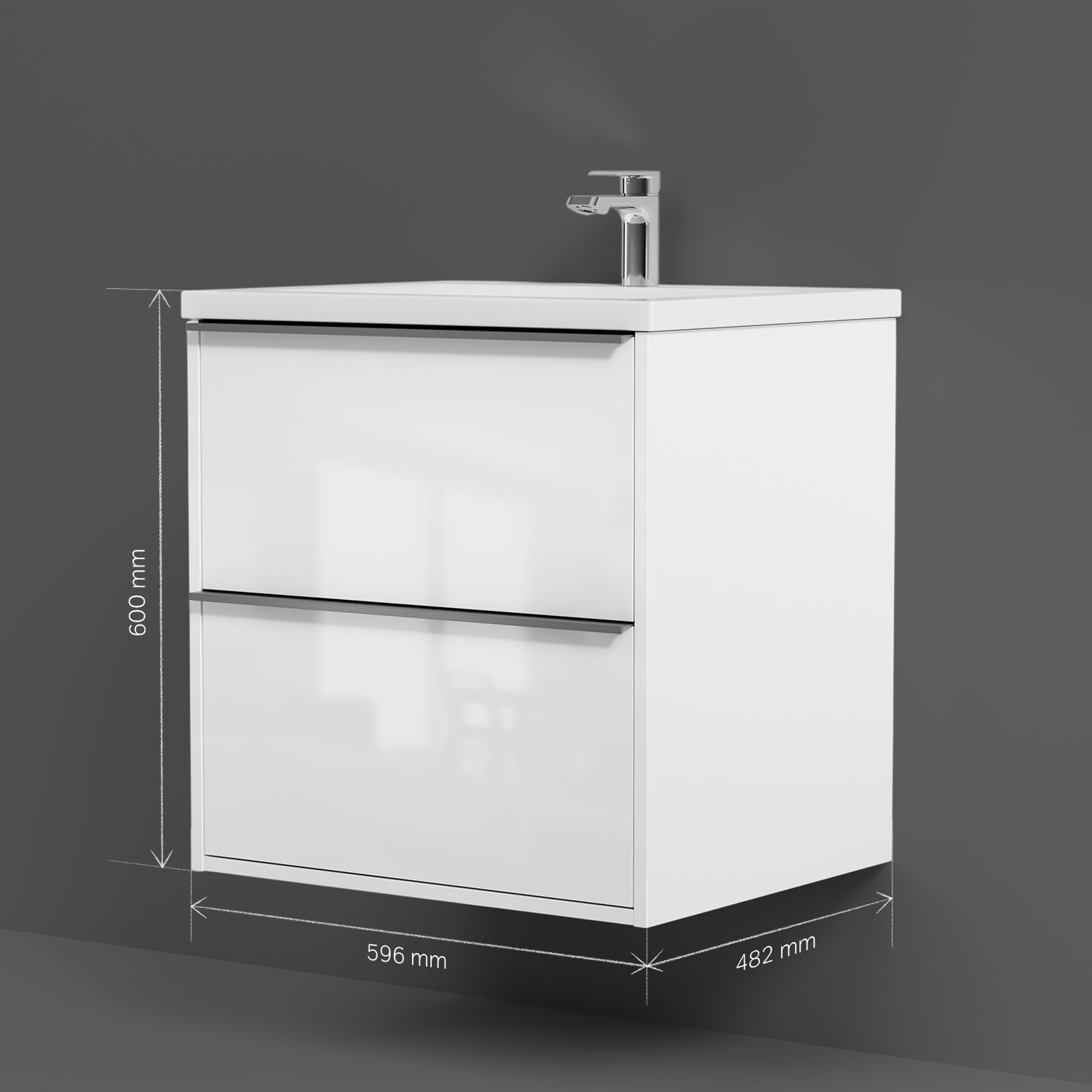 MNA-FHX0602WGSP-WCC0602WG Waschtischunterschrank mit Becken, als Flachpaket geliefert, 60 cm, 2 Schubladen, Weiß glänzend
