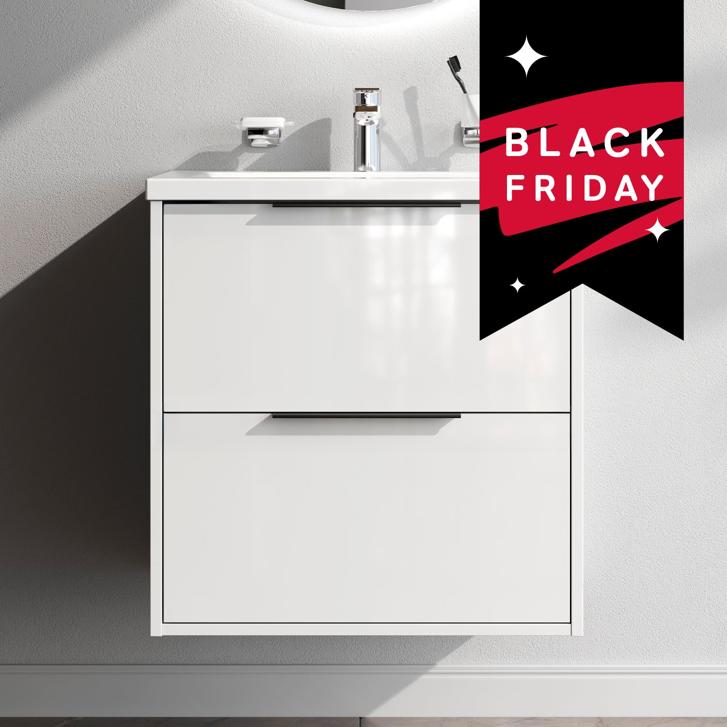 MNA-FHX0602WGSP-WCC0602WG Waschtischunterschrank mit Becken, als Flachpaket geliefert, 60 cm, 2 Schubladen, Weiß glänzend