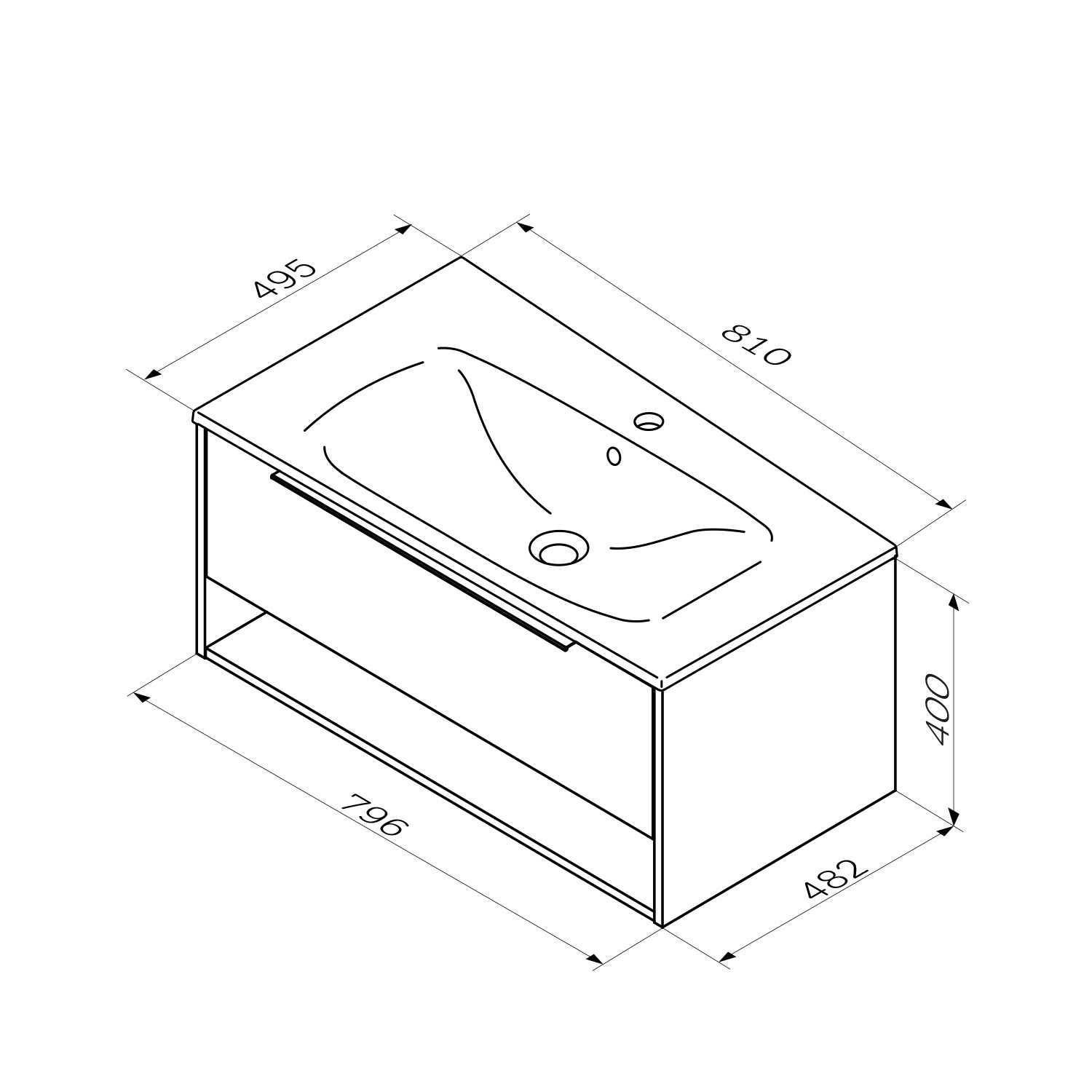 MNA-FHX0801GM-WCC0802WG meuble sous-vasque avec vasque, 80 cm, 1 tiroir + niche ouverte, graphite mat