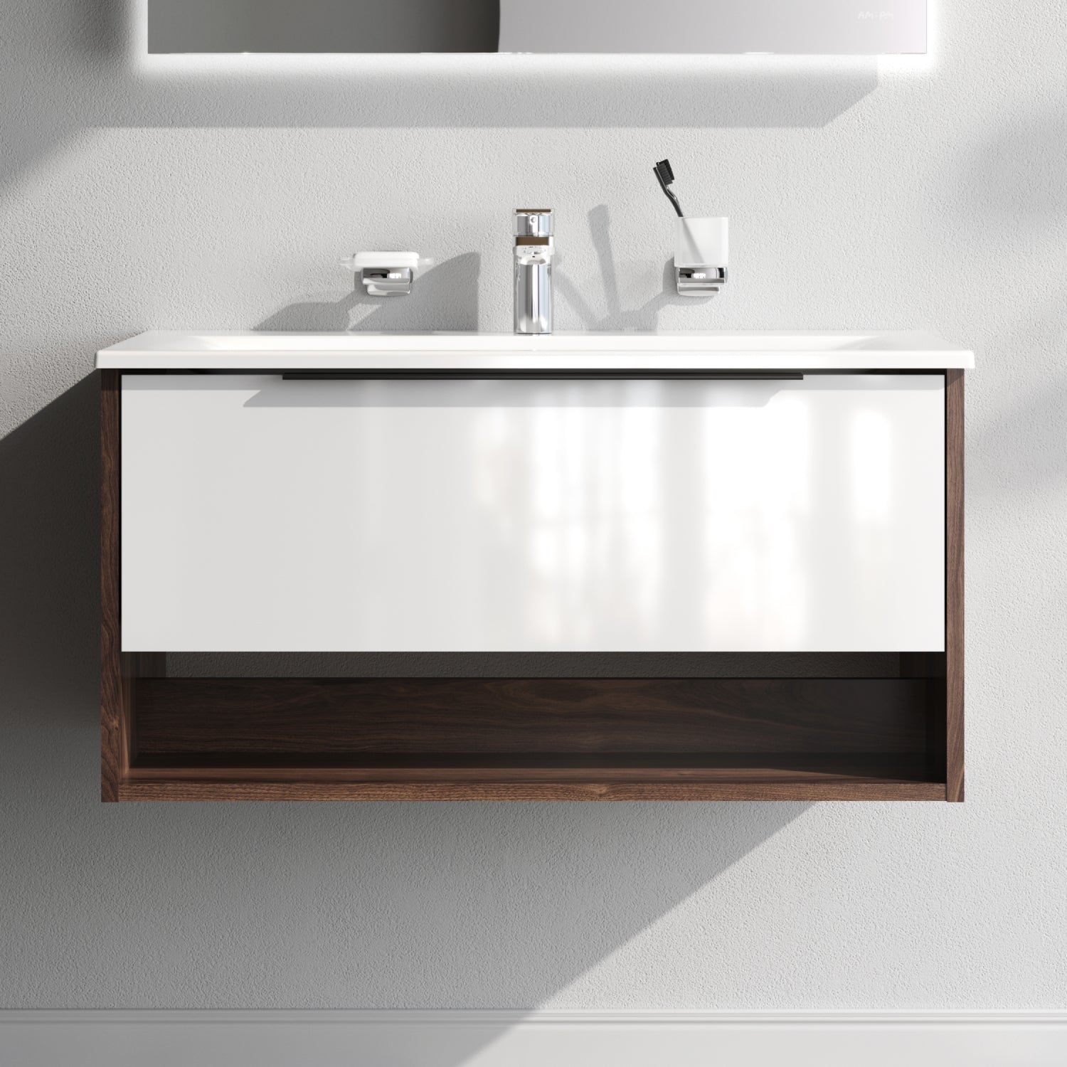 Lavabo MNA-FHX0801WG-WCC0802WG avec vasque, 80 cm, 1 tiroir ouvert NIch, Blanc brillant