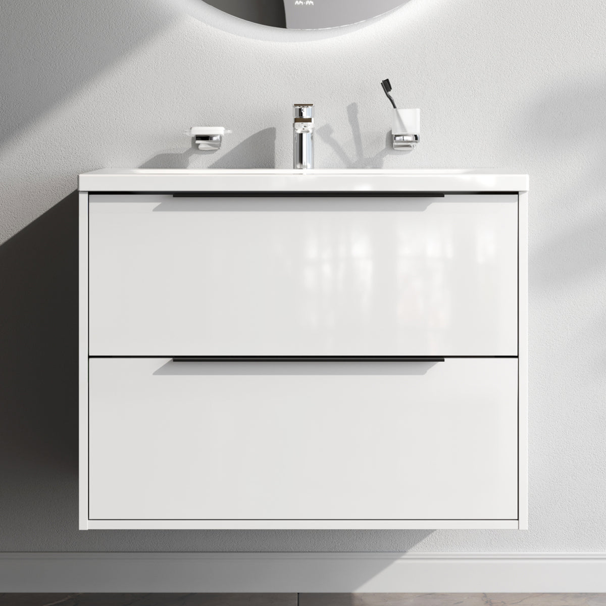 Meuble vasque avec lavabo, 80 cm, livré à plat, 2 tiroirs, blanc brillant–MNA-FHX0802WGSP-WCC0802WG