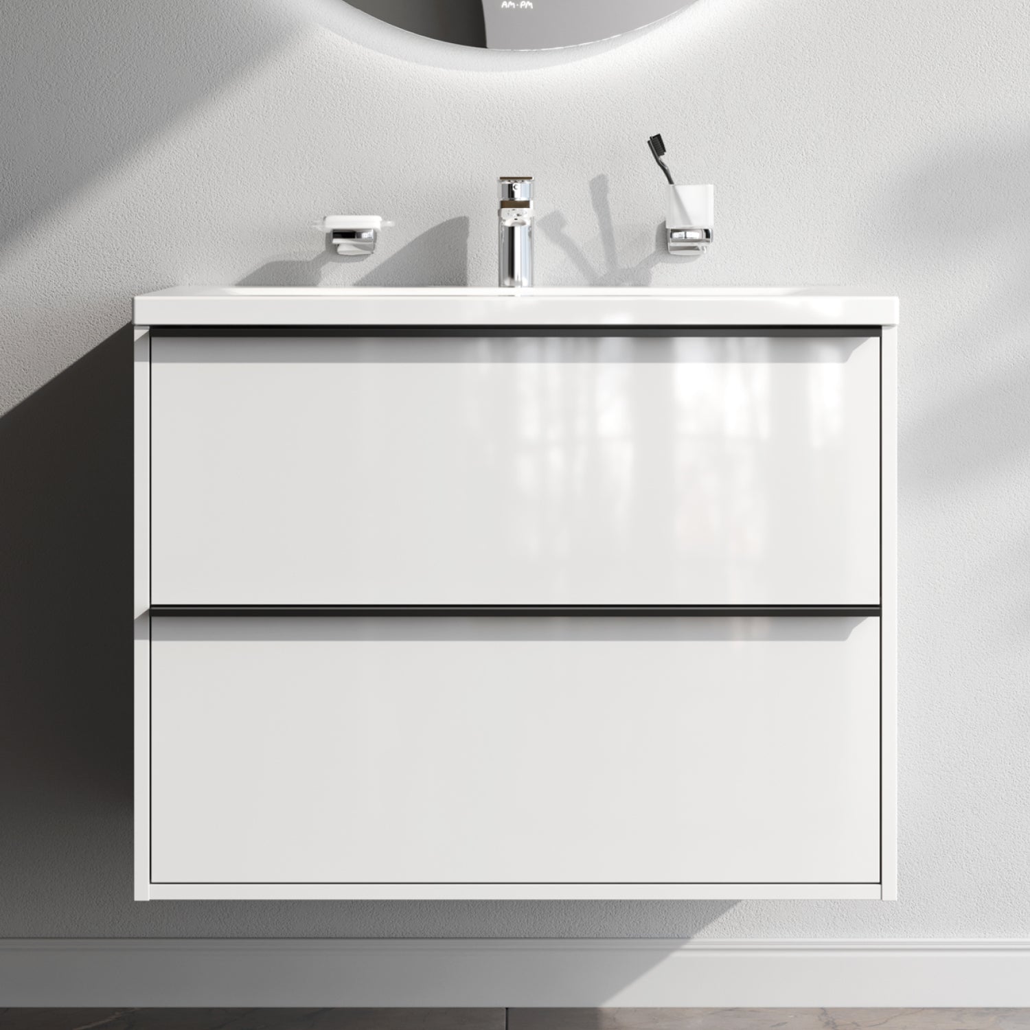 MNA-FHX0802WGSP-WCC0802WG Waschtischunterschrank mit Becken, als Flachpaket geliefert, 80 cm, 2 Schubladen, Weiß glänzend