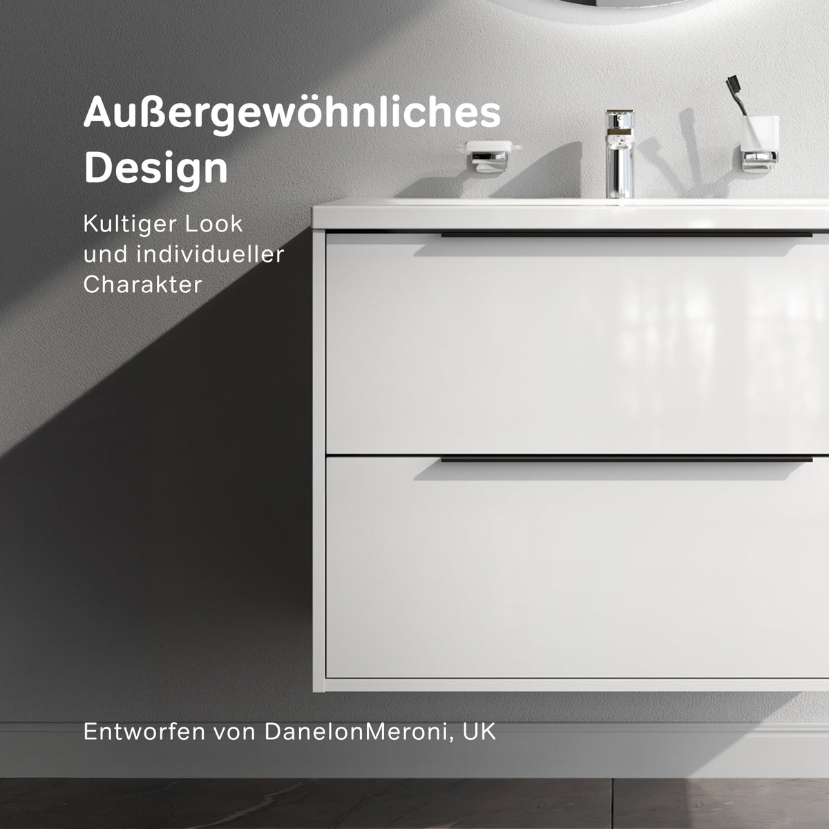 Meuble vasque avec lavabo, 80 cm, livré à plat, 2 tiroirs, blanc brillant–MNA-FHX0802WGSP-WCC0802WG