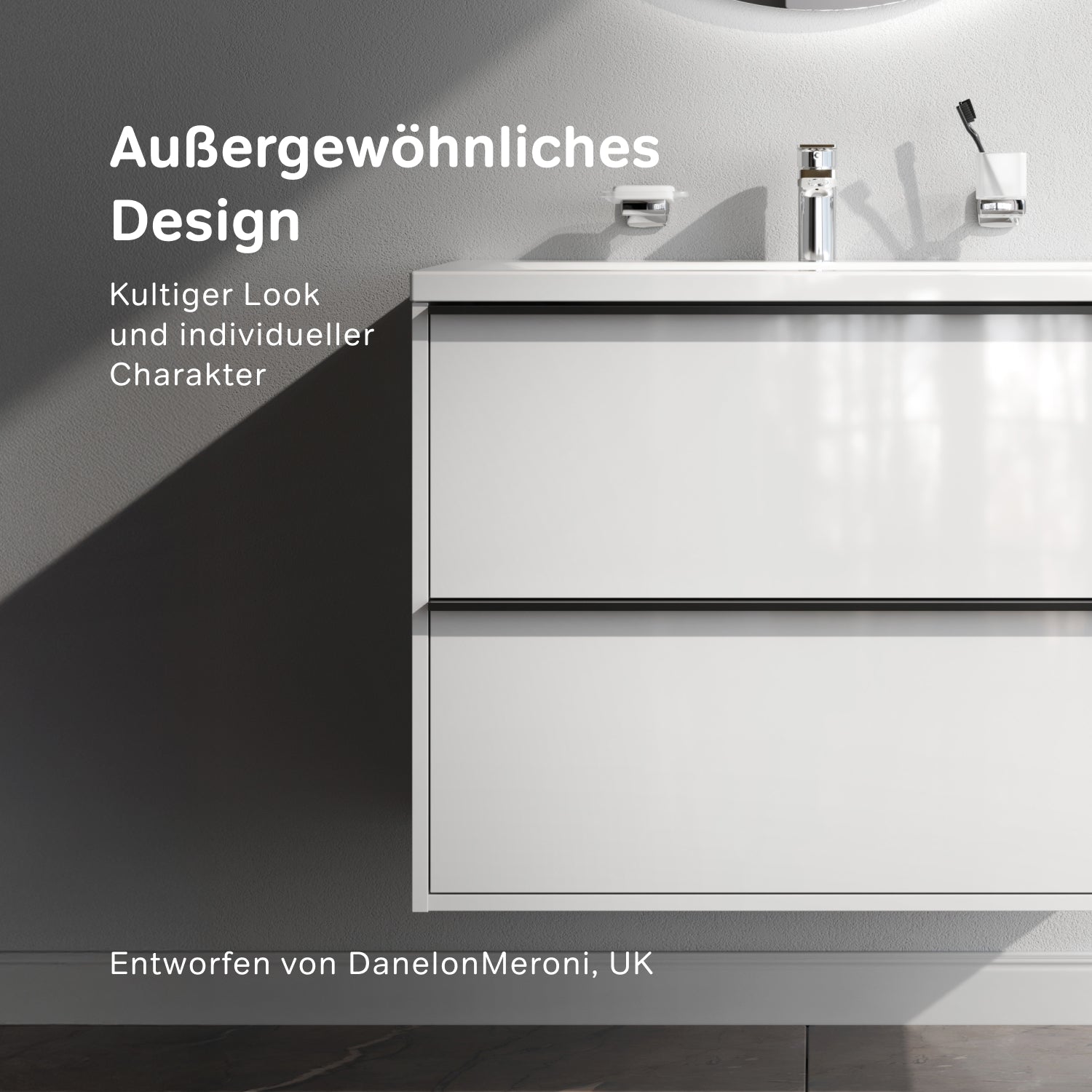 MNA-FHX0802WGSP-WCC0802WG Waschtischunterschrank mit Becken, als Flachpaket geliefert, 80 cm, 2 Schubladen, Weiß glänzend