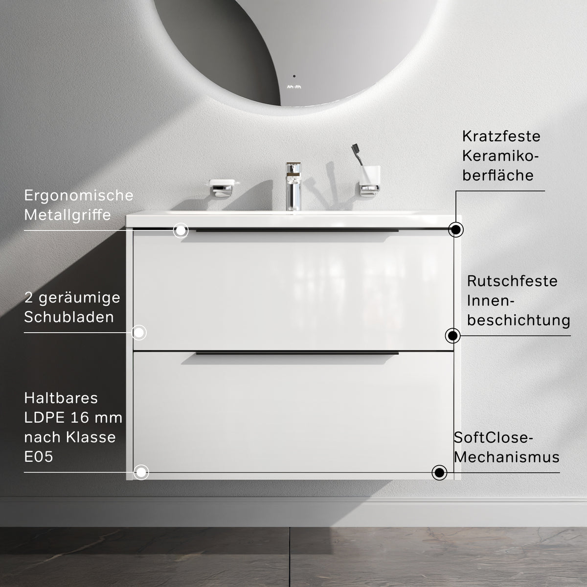 Meuble vasque avec lavabo, 80 cm, livré à plat, 2 tiroirs, blanc brillant–MNA-FHX0802WGSP-WCC0802WG