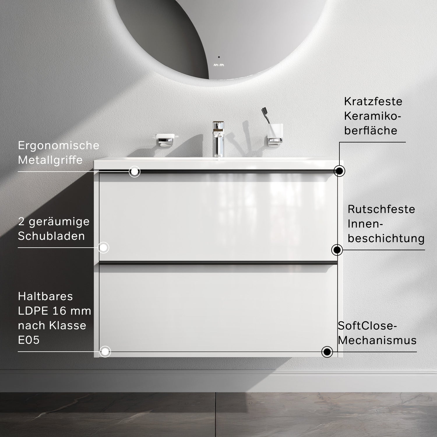 MNA-FHX0802WGSP-WCC0802WG Waschtischunterschrank mit Becken, als Flachpaket geliefert, 80 cm, 2 Schubladen, Weiß glänzend