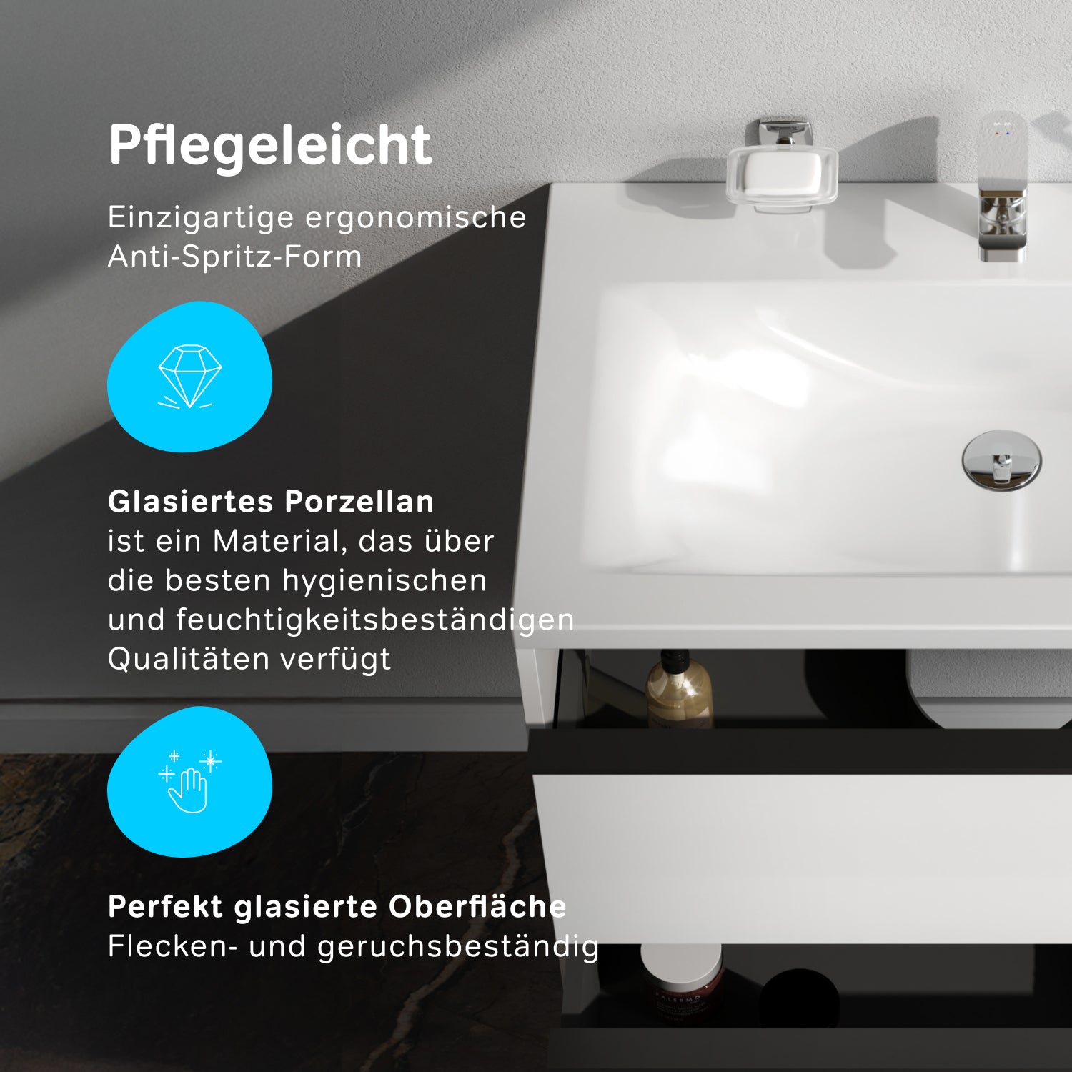 MNA-FHX0802WGSP-WCC0802WG Waschtischunterschrank mit Becken, als Flachpaket geliefert, 80 cm, 2 Schubladen, Weiß glänzend