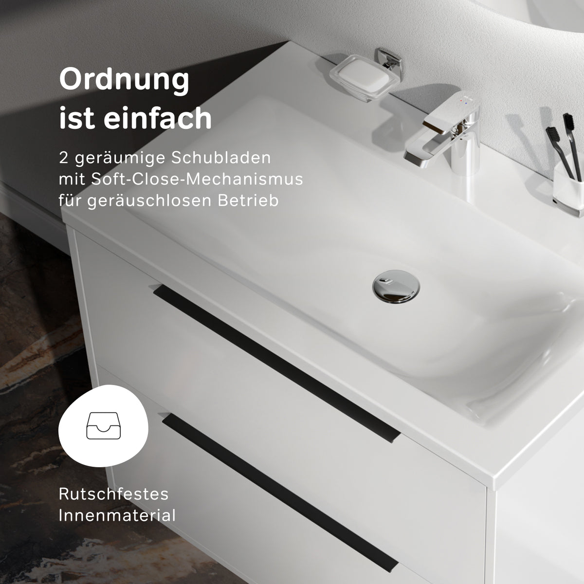 Meuble vasque avec lavabo, 80 cm, livré à plat, 2 tiroirs, blanc brillant–MNA-FHX0802WGSP-WCC0802WG