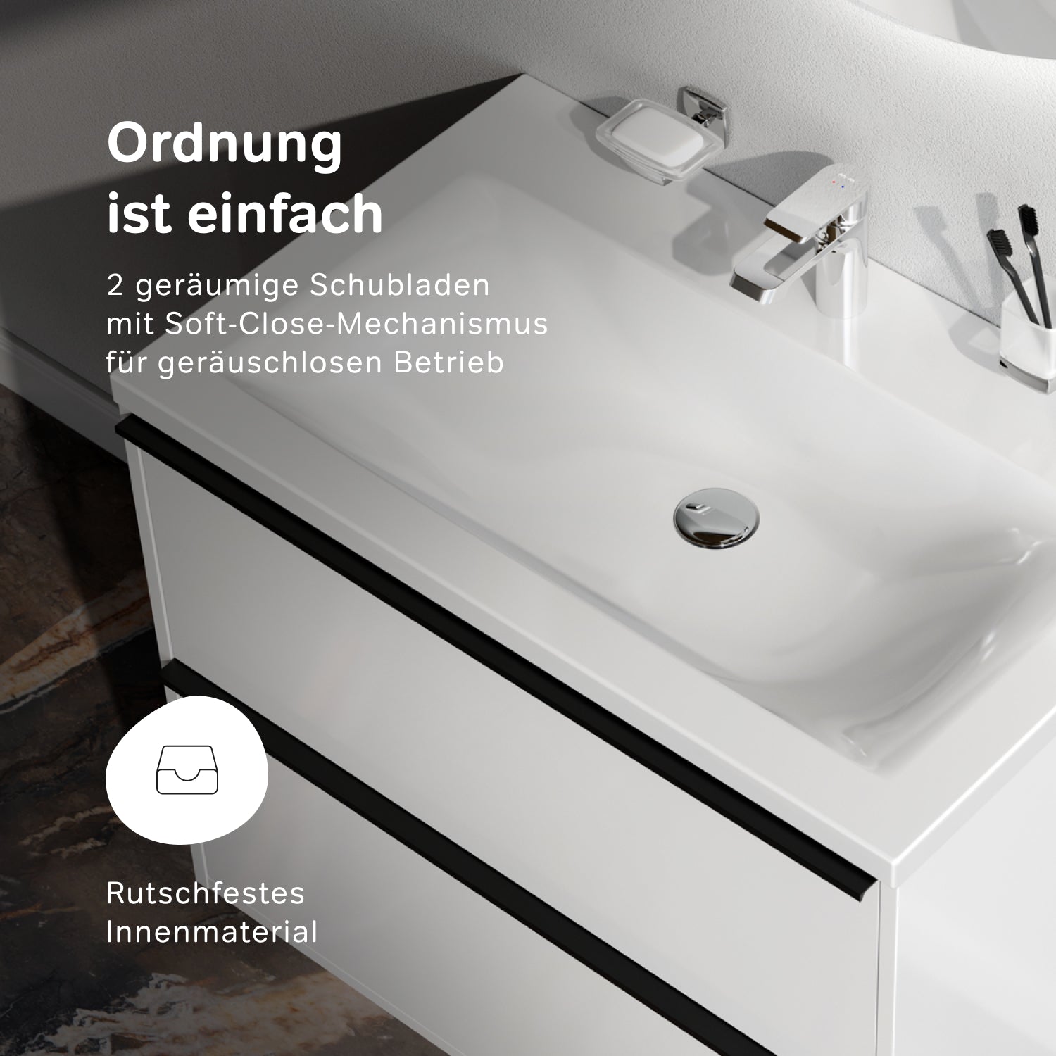 MNA-FHX0802WGSP-WCC0802WG Waschtischunterschrank mit Becken, als Flachpaket geliefert, 80 cm, 2 Schubladen, Weiß glänzend
