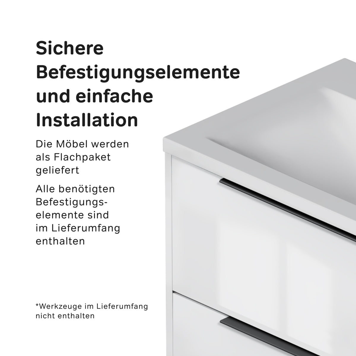 Meuble vasque avec lavabo, 80 cm, livré à plat, 2 tiroirs, blanc brillant–MNA-FHX0802WGSP-WCC0802WG