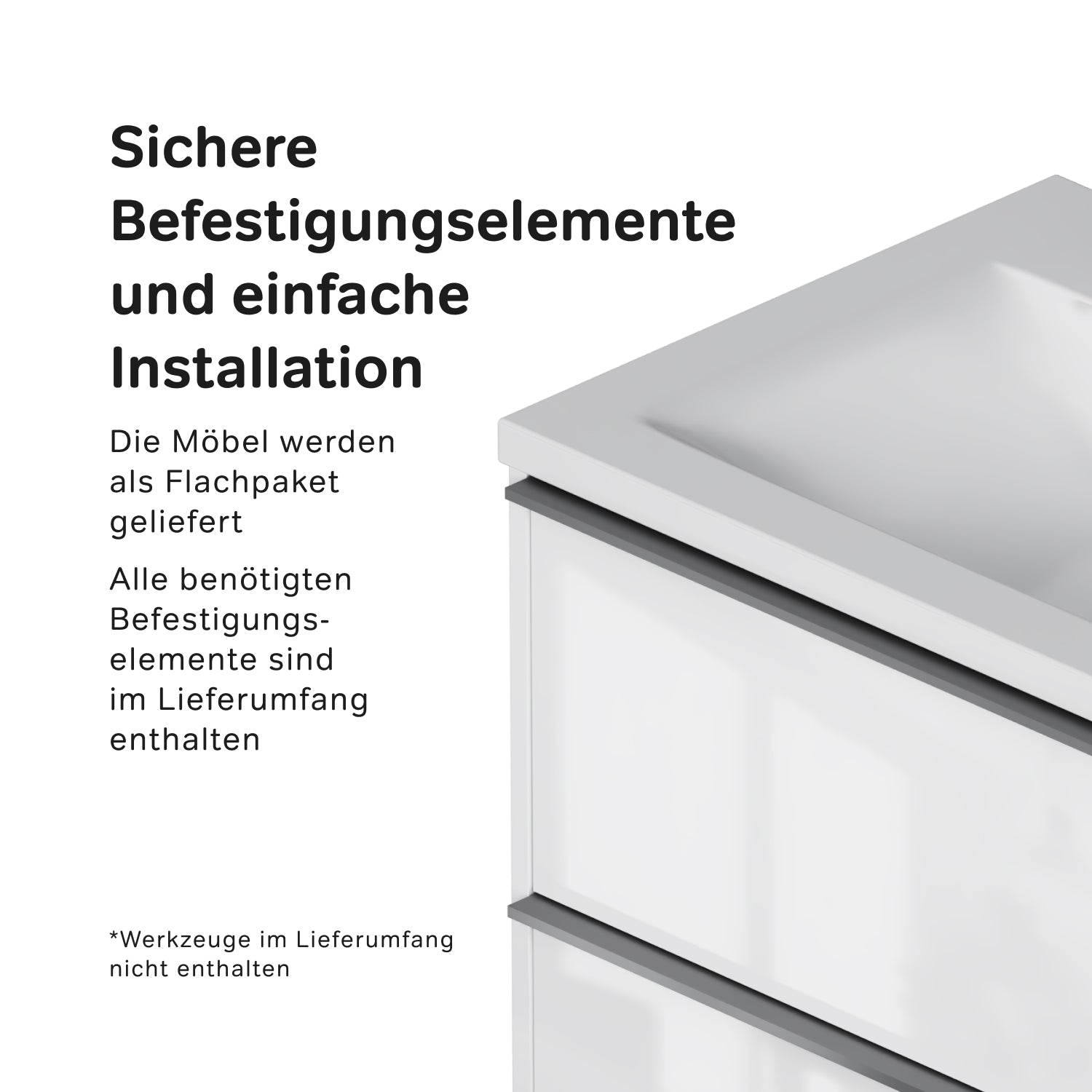 MNA-FHX0802WGSP-WCC0802WG Waschtischunterschrank mit Becken, als Flachpaket geliefert, 80 cm, 2 Schubladen, Weiß glänzend