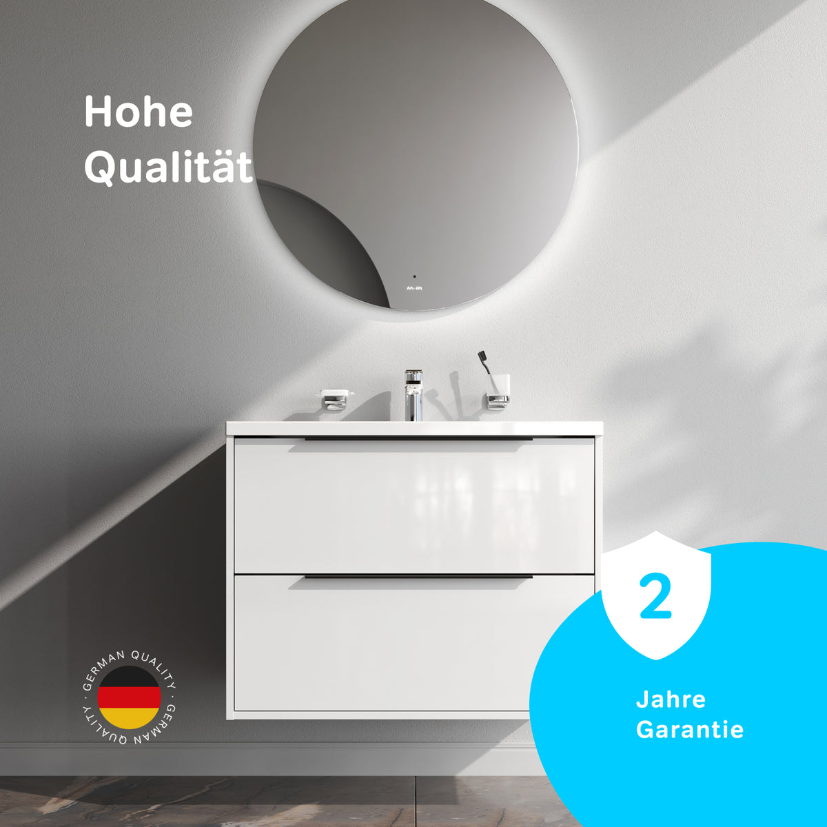 Meuble vasque avec lavabo, 80 cm, livré à plat, 2 tiroirs, blanc brillant–MNA-FHX0802WGSP-WCC0802WG