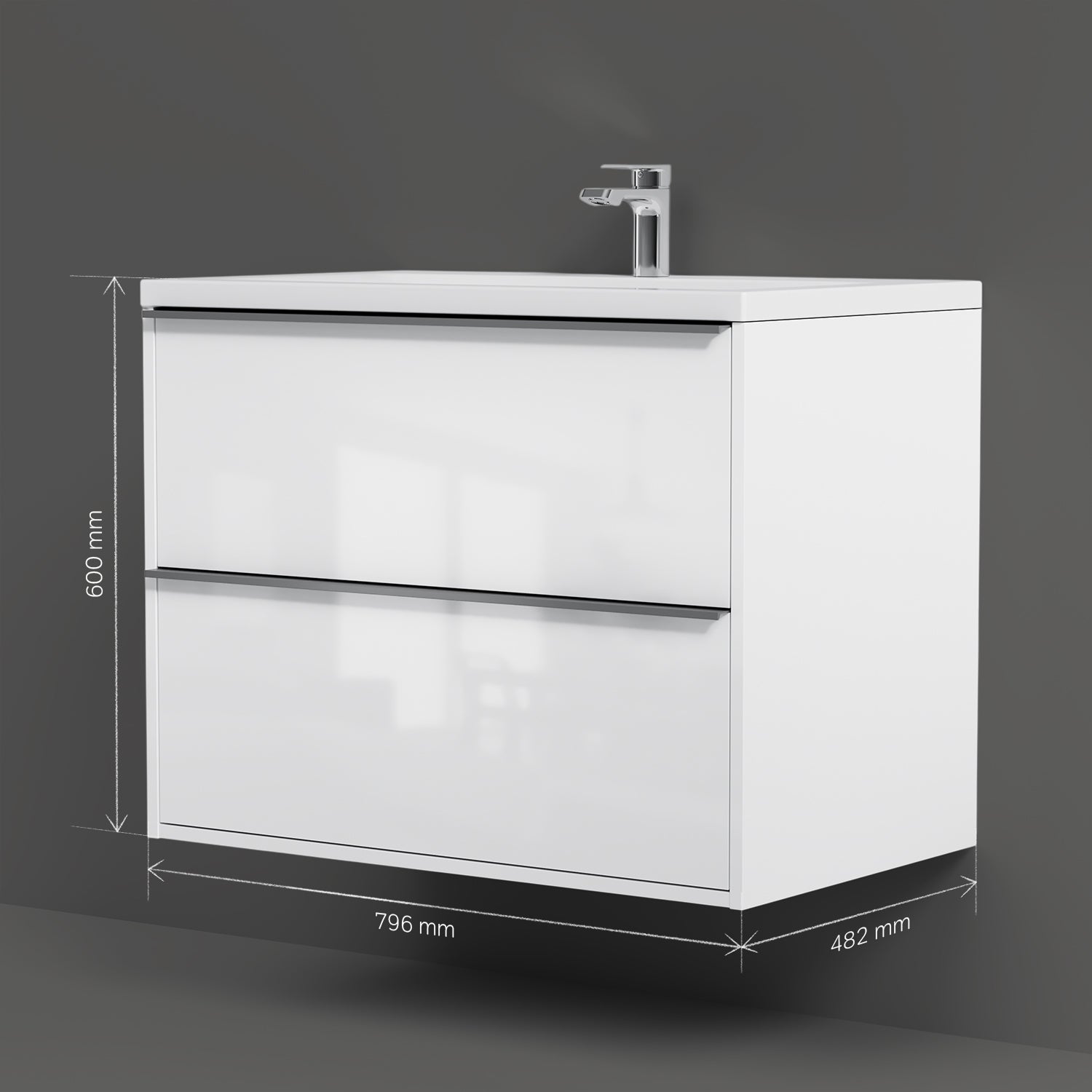 MNA-FHX0802WGSP-WCC0802WG Waschtischunterschrank mit Becken, als Flachpaket geliefert, 80 cm, 2 Schubladen, Weiß glänzend