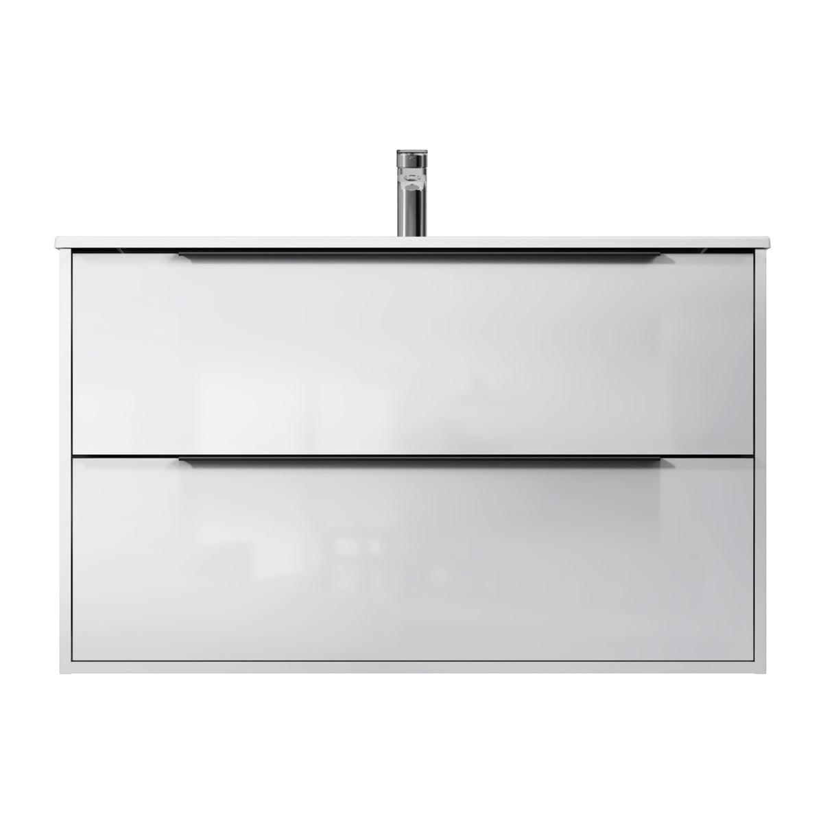 Waschtischunterschrank mit Waschbecken, 100 cm, als Flachpaket, 2 Schubladen, Weiß glänzend – MNA-FHX1002WGSP-WCC1002WG