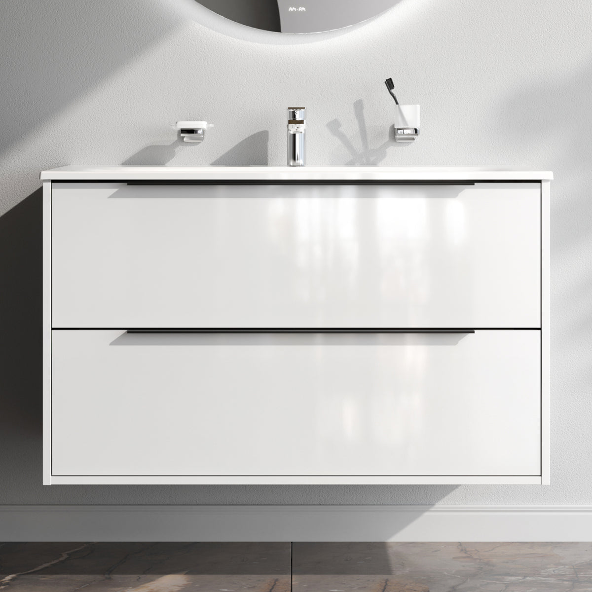 Waschtischunterschrank mit Waschbecken, 100 cm, als Flachpaket, 2 Schubladen, Weiß glänzend – MNA-FHX1002WGSP-WCC1002WG