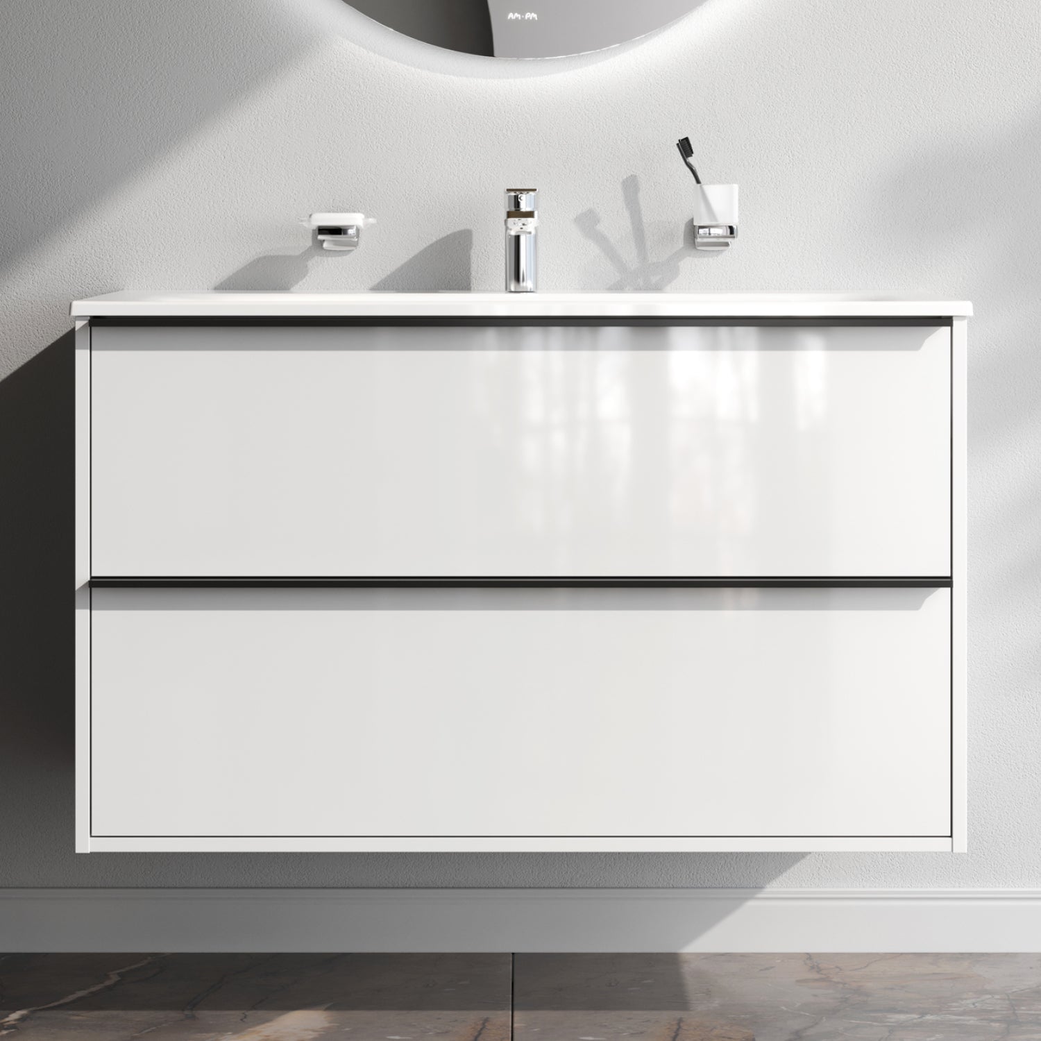 MNA-FHX1002WGSP-WCC1002WG Waschtischunterschrank mit Becken, als Flachpaket geliefert, 100 cm, 2 Schubladen, Weiß glänzend