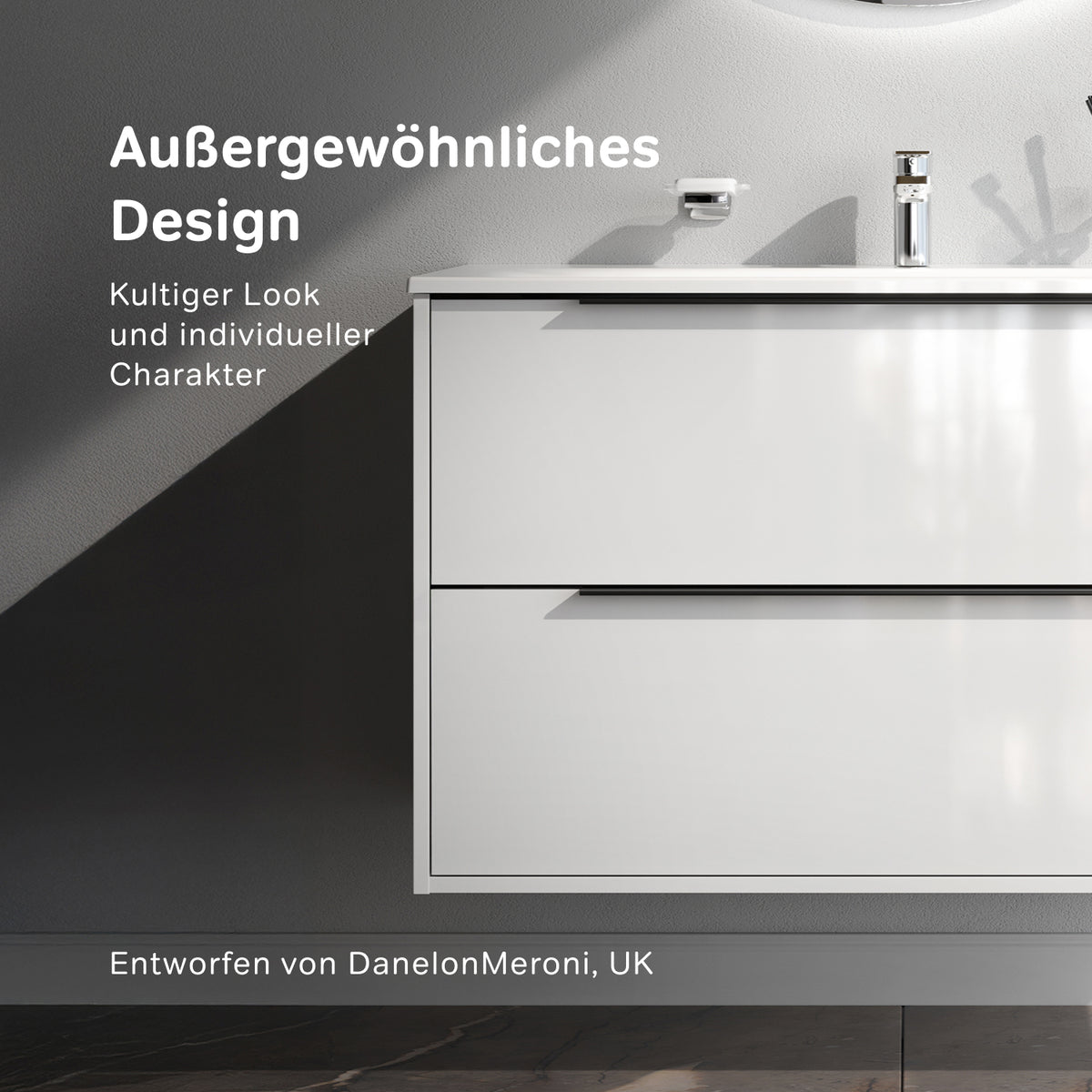 Waschtischunterschrank mit Waschbecken, 100 cm, als Flachpaket, 2 Schubladen, Weiß glänzend – MNA-FHX1002WGSP-WCC1002WG