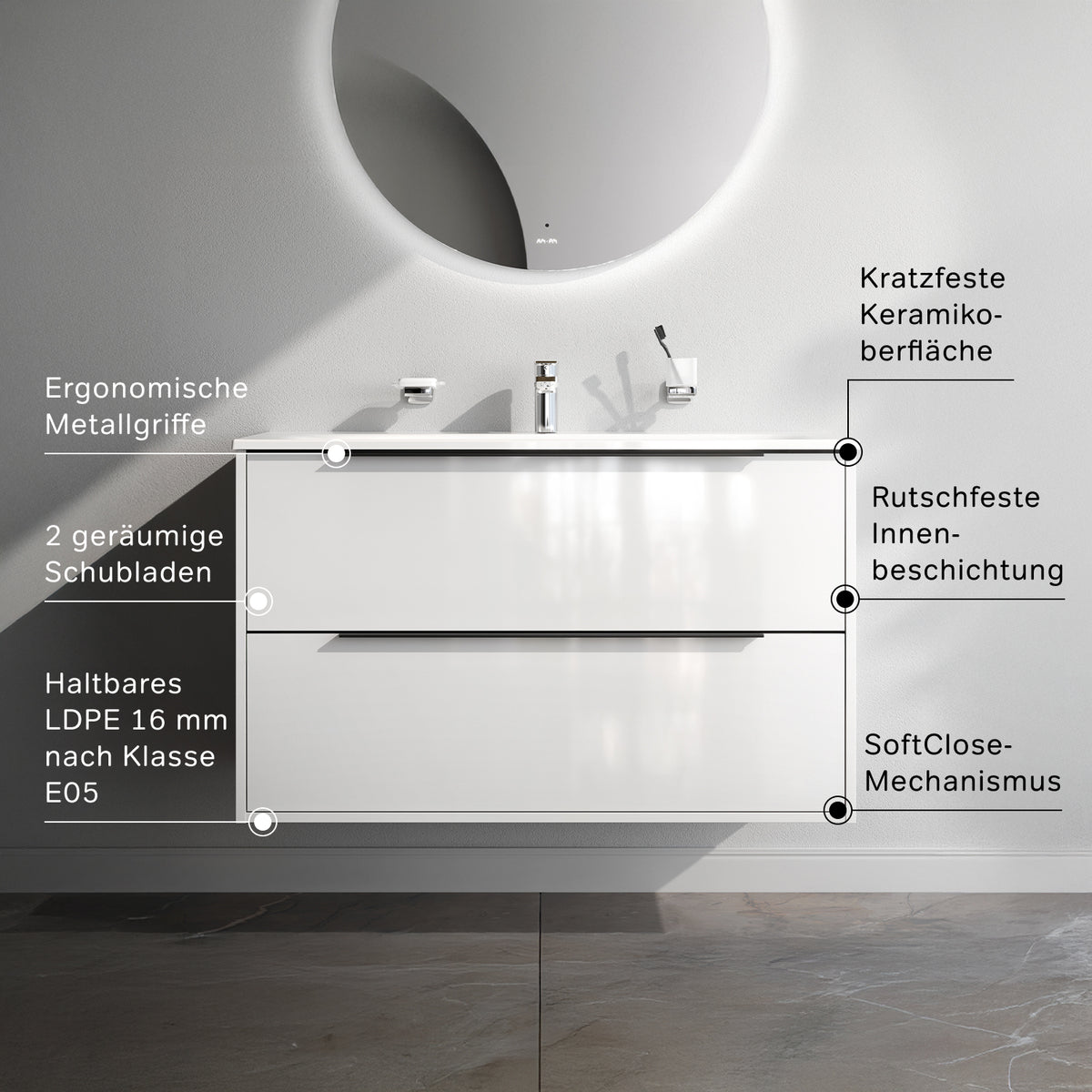 Waschtischunterschrank mit Waschbecken, 100 cm, als Flachpaket, 2 Schubladen, Weiß glänzend – MNA-FHX1002WGSP-WCC1002WG