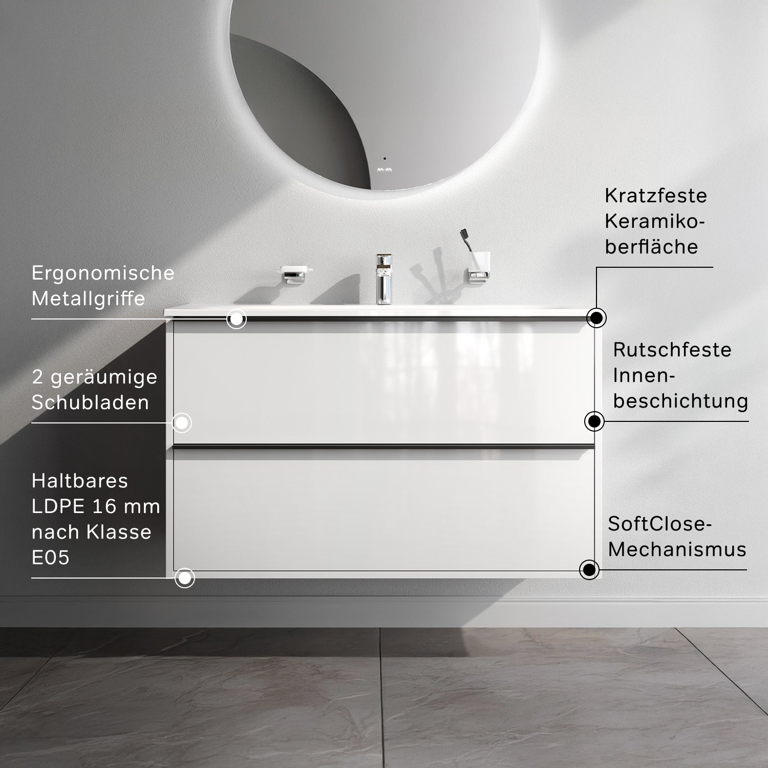 MNA-FHX1002WGSP-WCC1002WG Waschtischunterschrank mit Becken, als Flachpaket geliefert, 100 cm, 2 Schubladen, Weiß glänzend