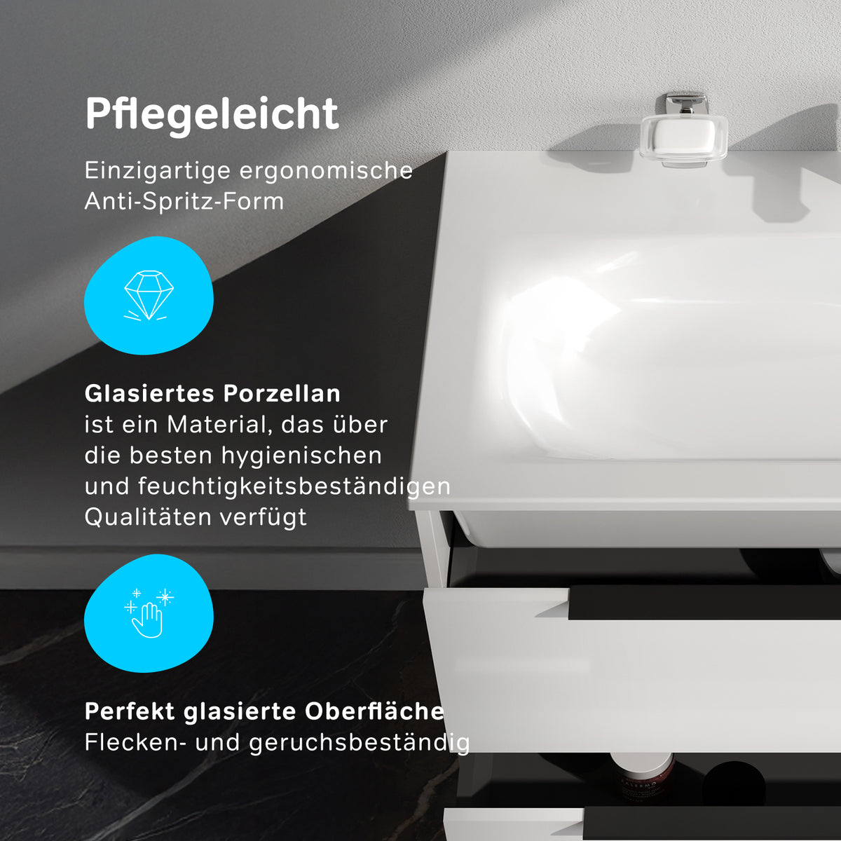Waschtischunterschrank mit Waschbecken, 100 cm, als Flachpaket, 2 Schubladen, Weiß glänzend – MNA-FHX1002WGSP-WCC1002WG
