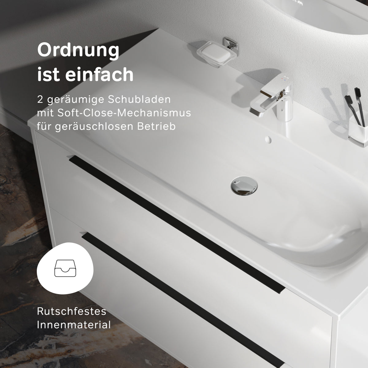 Waschtischunterschrank mit Waschbecken, 100 cm, als Flachpaket, 2 Schubladen, Weiß glänzend – MNA-FHX1002WGSP-WCC1002WG