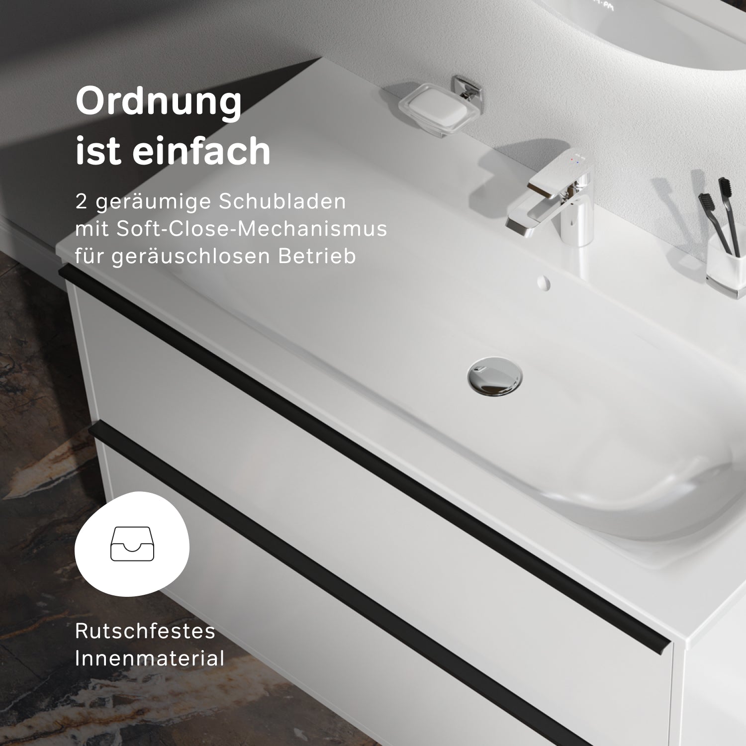 MNA-FHX1002WGSP-WCC1002WG Waschtischunterschrank mit Becken, als Flachpaket geliefert, 100 cm, 2 Schubladen, Weiß glänzend
