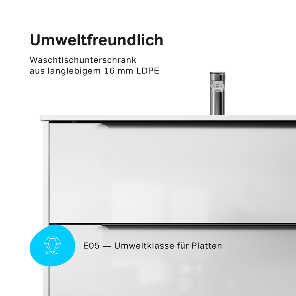 Waschtischunterschrank mit Waschbecken, 100 cm, als Flachpaket, 2 Schubladen, Weiß glänzend – MNA-FHX1002WGSP-WCC1002WG